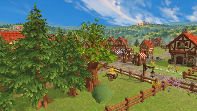 The village: timber houses, market stalls and the castle on the hill